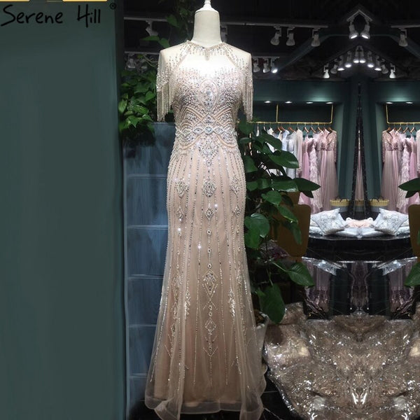 Dubai Nude Mermaid Luxury O-Neck Evening Dresses 2025 Short Sleeves Beading Tassel Formal Dress Serene Hill LA70646