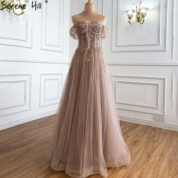 On Sale no return no refundDubai Red A-Line Sexy Sleeveless Evening Dresses 2025 Off Shoulder Beading Sparkle Formal Dress Serene Hill LA70545
