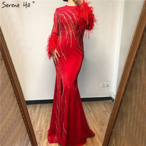 On Sale no return no refundSale Dubai Red O-Neck Sequined Beading Evening Dressese Feathers Long Sleeves Mermaid Formal Dress 2025 Serene Hill LA70379