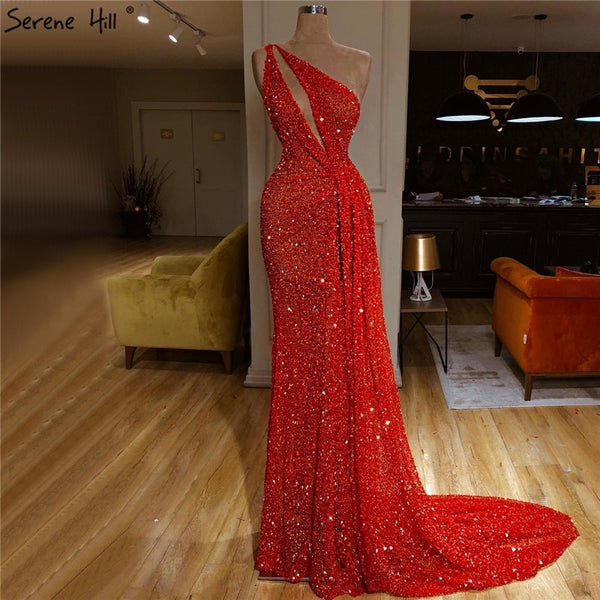 Dubai Red One Shoulder Sexy Evening Dresses 2025 Mermaid Beading Sequins Luxury Formal Dress Serene Hill LA70297