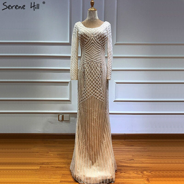 On Sale No Return No Refund Sale Dubai White Nude Luxury Long Sleeves Evening Dresses 2025 Latest Design Full Beading Mermaid Formal Dress Serene Hill LA60958