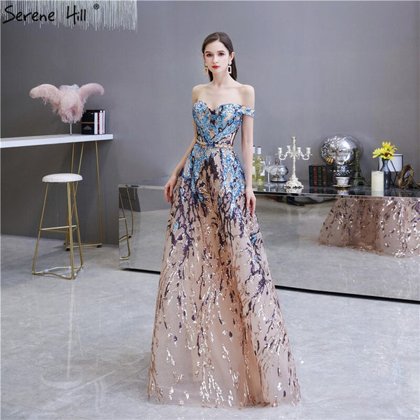 Gold Blue Sequins Sleeveless Sexy Evening Dresses 2025 Off Shoulder Sparkle A-Line Formal Dress Serene Hill LA70373