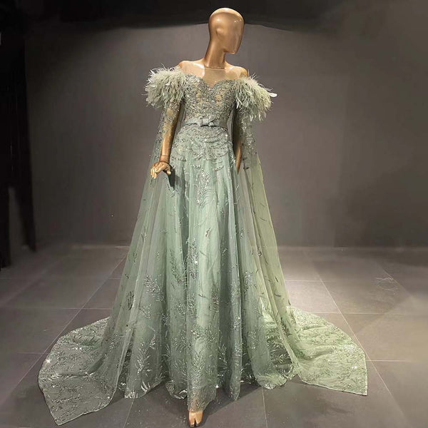Green Capes Sleeves Luxury Evening Dresses Gowns 2025 Beaded Feather Elegant For Women Party Serene Hill LA71521