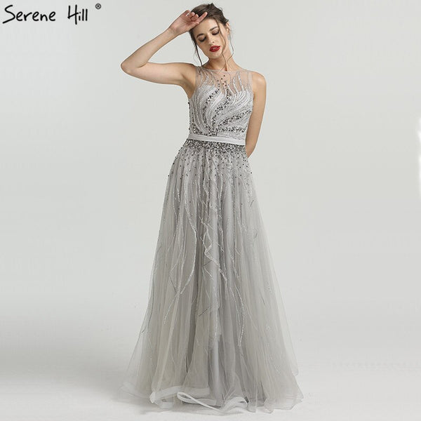 On Sale no return no refundSale Grey Diamond Beading Luxury New Evening Dresses 2025 High-end Sexy Sleeveless Beach Formal Evening Gowns Serene Hill LA6577