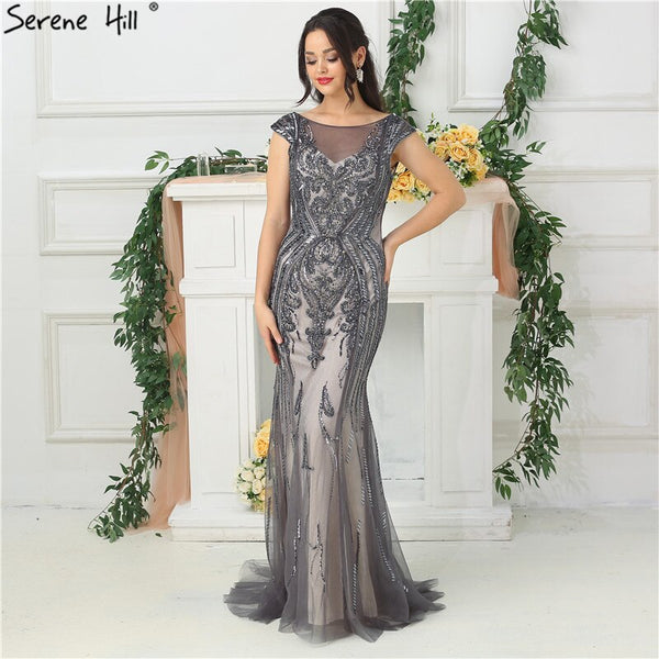 On Sale no return no refundSale Grey High-end Luxury Dubai Design Evening Dress Beading Sequined Sleeveless Sparkle Evening Gowns 2025 Serene Hill LA6679