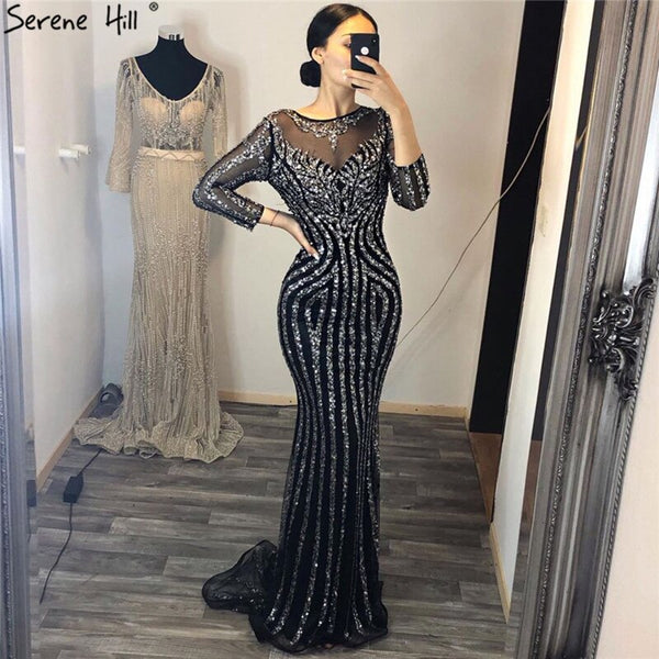 Grey Luxury Long Sleeves Sparkly Evening Dresses Mermaid Sexy Diamond Beading Formal Dress 2025  Real Photo  LA6591