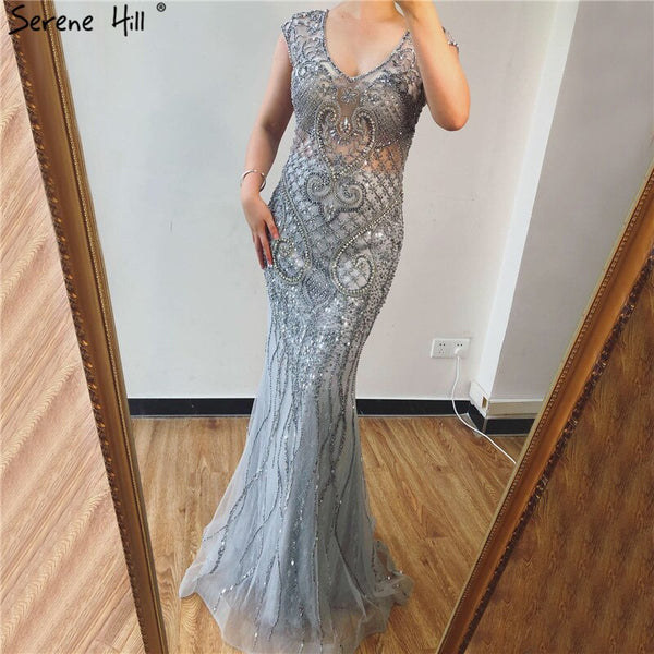 Grey Luxury V-Neck Mermaid Evening Dresses Design 2025 Dubai Full Diamond Sexy Formal Dress Serene Hill LA70063