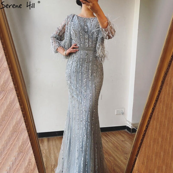 Grey Mermaid Long Sleeves Dubai Evening Dresses Luxury Diamond Beading O-Neck Formal Dress 2025 Serene Hill LA70503