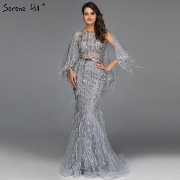 On Sale no return no refundSale Grey O-Neck Feathers Crystal Evening Dresses Dubai Design Sleeveless Luxury Sexy Evening Gowns 2025 Serene Hill LA70153