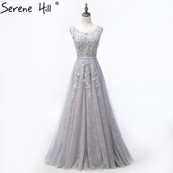 On Sale no return no refundSale Grey Sexy Backless Tulle A-Line Evening Gowns Beading Appliques Sleeveless Formal Party Dress 2025 Serene Hill  HA2152