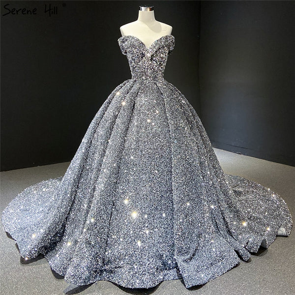 Grey Silver Sequined Wedding Dresses 2025 Dubai Sleeveess Sexy Luxury Bridal Gowns Serene Hill HM66742 Custom Made