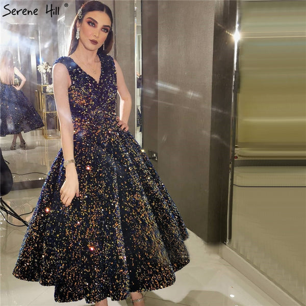 Indigo Blue Gold V-Neck Luxury Evening Dresses 2025 Sleeveless Sequined Sexy Ankle-Length Formal Gowns Serene Hill HA2154