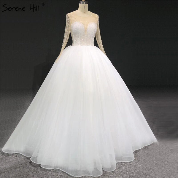 Ivory Long Sleeves Sparkle Sexy Wedding Dresses Beading Sequins O-Neck Bride Gowns Serene Hill HA2332 Custom Made