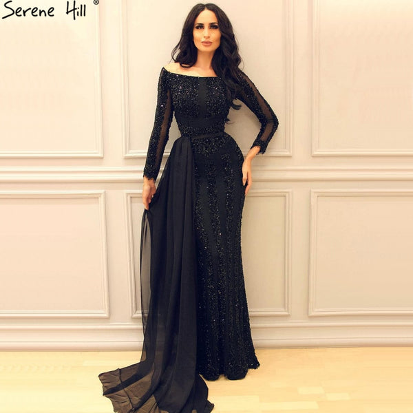 Long Sleeve Black Mermaid Tulle Evening Dresses Beading Sequined Formal Dress Real Photo 2025 Serene Hill LA6009