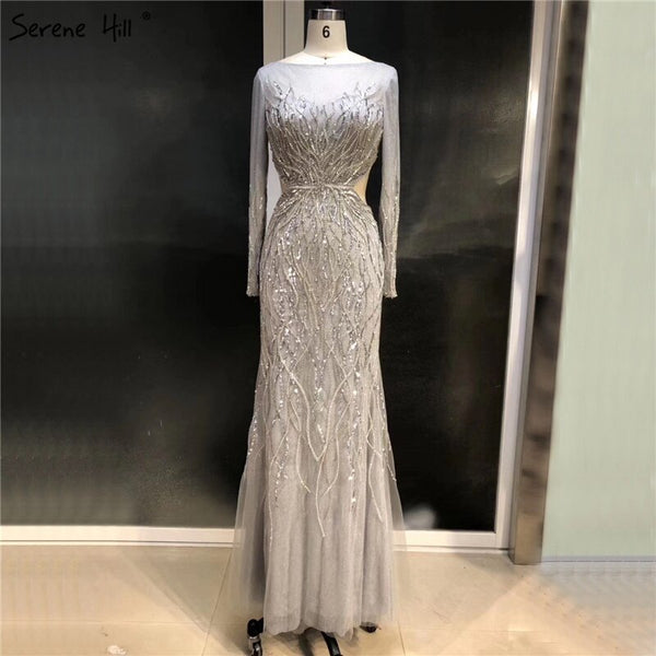 On Sale no return no refundSale Luxury Grey Long Sleeves Evening Dresses 2025 O-Neck Sequins Sparkle Mermaid Formal Dress Serene Hill  LA6418