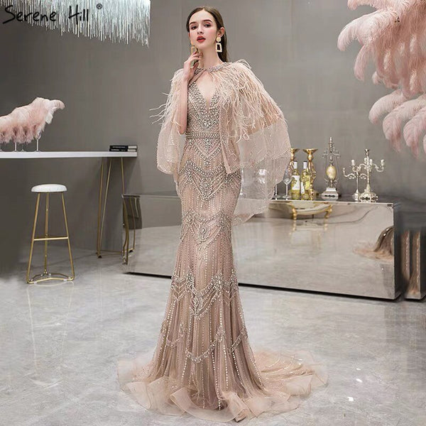 Luxury Nude V-Neck Mermaid Evening Dresses 2025 Sleeveless Shawl Yarn Feathers Sexy Formal Dress Serene Hill LA70171