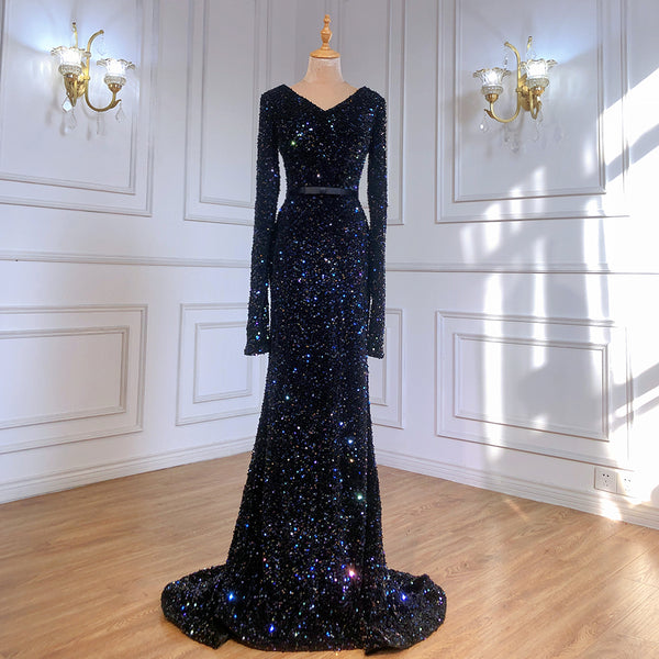 Moslim Black Sequin Mermaid Avond Jurken 2025 Elegante Sparkle Luxe Voor Vrouwen Party Serene Hill LA71486