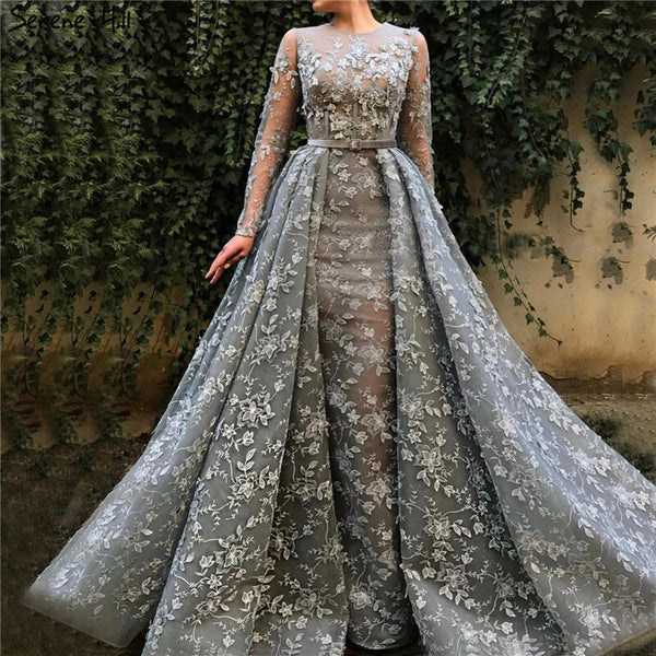 Muslim Grey Long Sleeves Tulle Evening Dresses 2025 O-Neck Handmade Flowers Pearls Fashion Evening Gowns LA60898