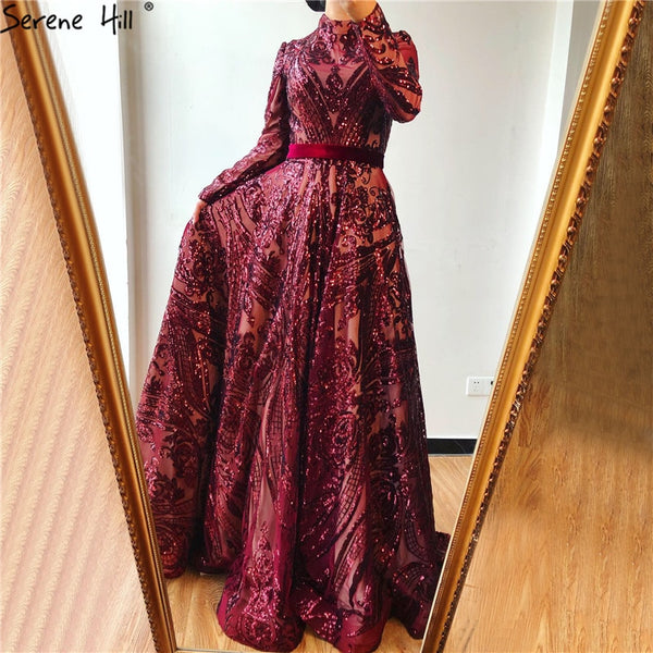 Muslim High Neck  Wine Red Sparkle Wedding dress 2025 Long Sleeve Sequined Luxury A-Line Evening Gowns LA70530