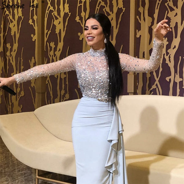 Muslim Luxury Blue Long Sleeves Evening Dresses 2025 High Neck Sequined Ruffles Formal Dress Serene Hill LA70035