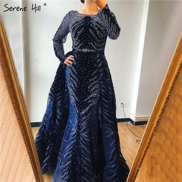 Muslim Luxury Navy Blue Evening Dresses 2025 Long Sleeves  Mermaid Dress With Skirt Sexy Formal Dress Serene Hill LA60914