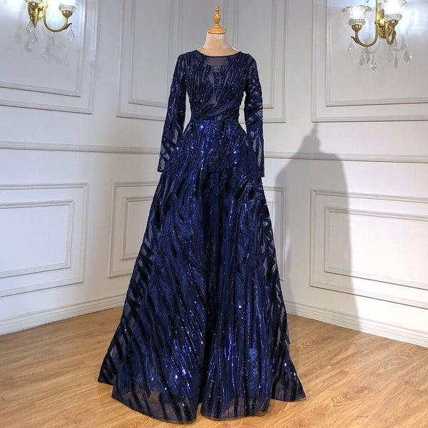Muslim Navy Blue A-Line Luxury Evening Dresses Gowns 2025 Crystal Long Sleeves For Women Party Serene Hill LA71501