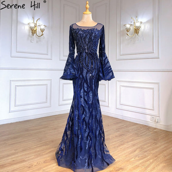 Muslim Navy Blue Mermaid Elegant Evening Dresses Gowns 2025 Flare Sleeve Luxury For Women Party Serene Hill LA71417