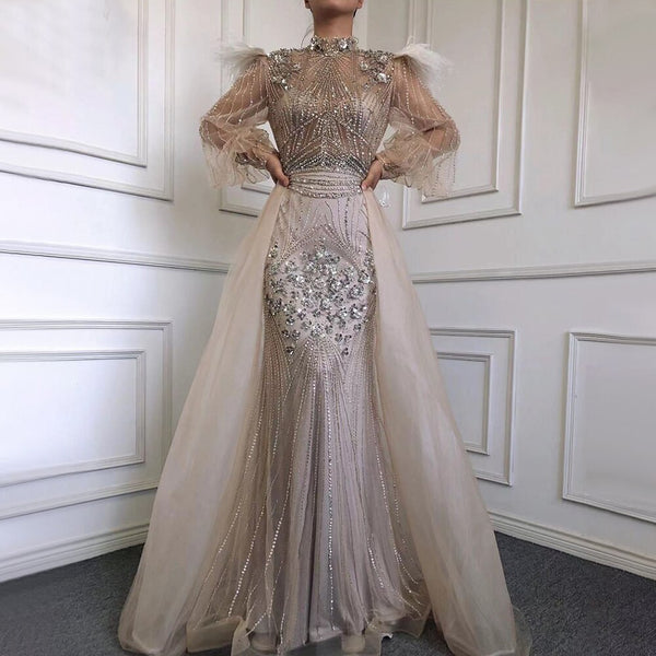 Muslim Silver Long Sleeve Feathers Beaded Evening Dresses Gowns Mermaid Luxury For Women Party 2025 Serene Hill LA71036A