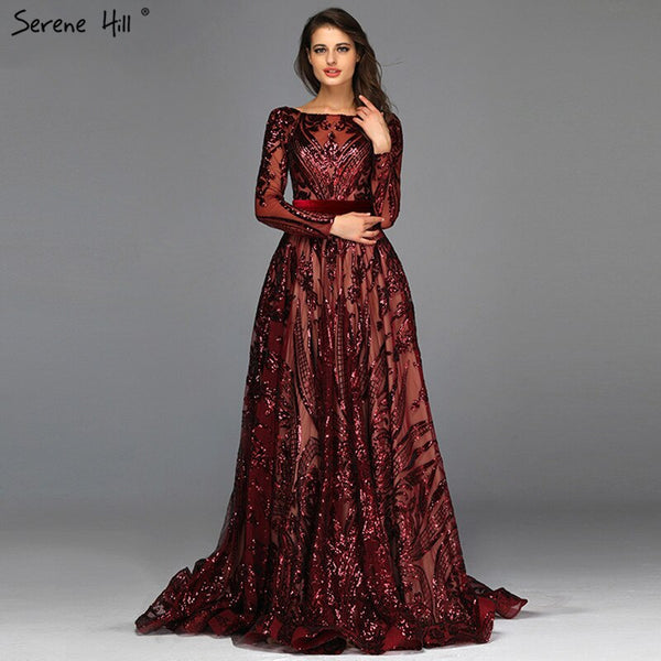Muslim Wine Red A-Line Luxury Wedding dress 2025 Vintage Long Sleeve Sequined  Evening Gowns  Plus Size  LA60799