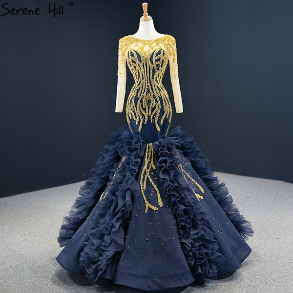 Navy Blue Mermaid High-end Sexy Evening Dresses 2025 Long Sleeve Beading Lace Up Sexy Formal Dress Serene Hill HM67132