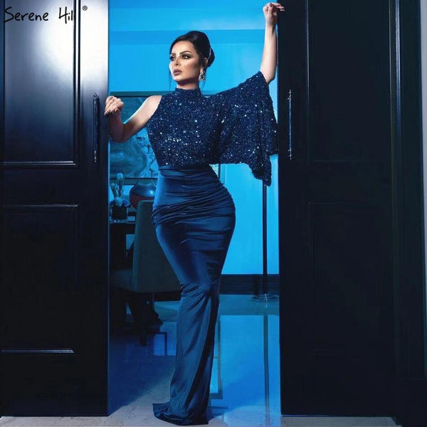 On Sale no return no refundSale Navy Blue Satin Mermaid Sexy Evening Dresses 2025 Sequins One Shoulder Bat Sleeves Formal Dress Serene Hill LA70347