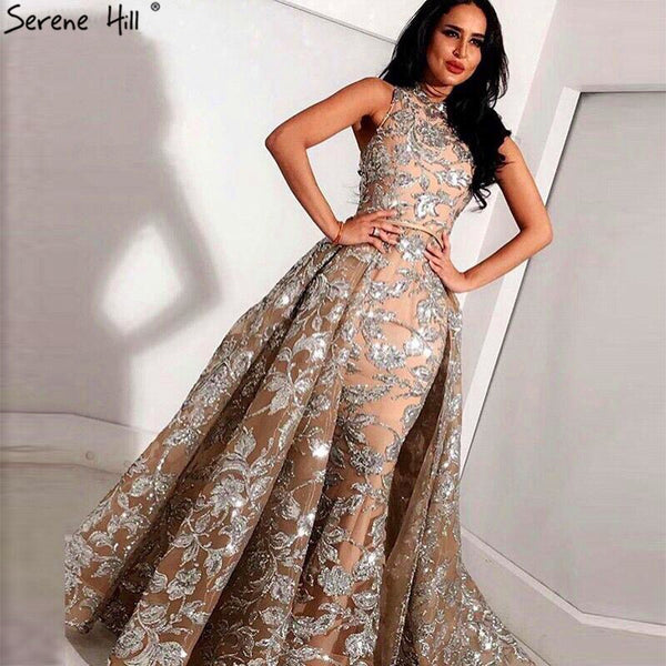 Nude Silver Sequined Sparkle Vintage Evening Dresses Halter Luxury Sexy Sleeveless Evening Gowns 2025 Serene Hill LA60877
