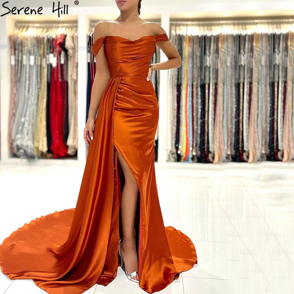 Orange Simple Mermaid High Split Evening Dresses Gowns 2025 Satin Elegant Sexy For Women Party LA71422 Serene Hill