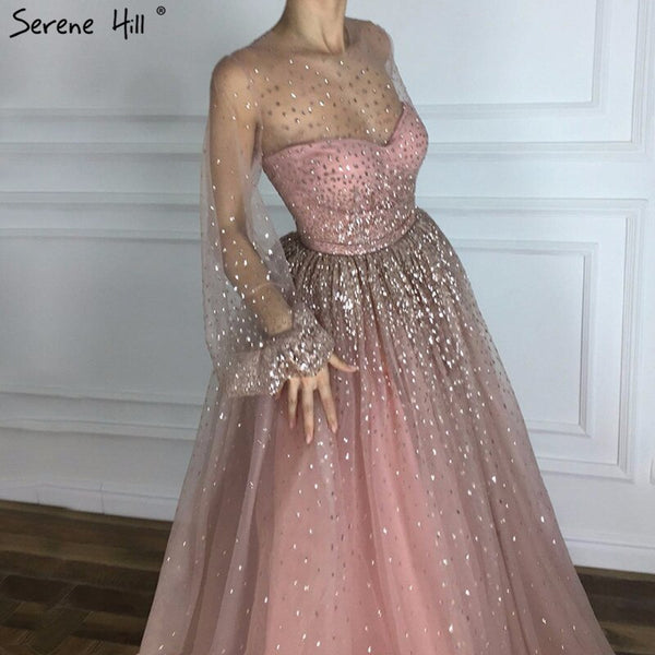 On Sale No Return No Refund Pink Glitter Longer Sleeves Sexy  A-line Evening Dresses 2025 O-Neck Fashion Tulle Evening Gown Real Photo LA6344