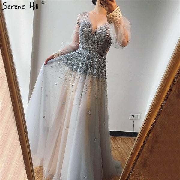 Real Photo Grey Deep-V Sexy Evening Dresses 2025 Long Sleeves Beading Sequined A-Line Evening Gowns Serene Hill LA70211