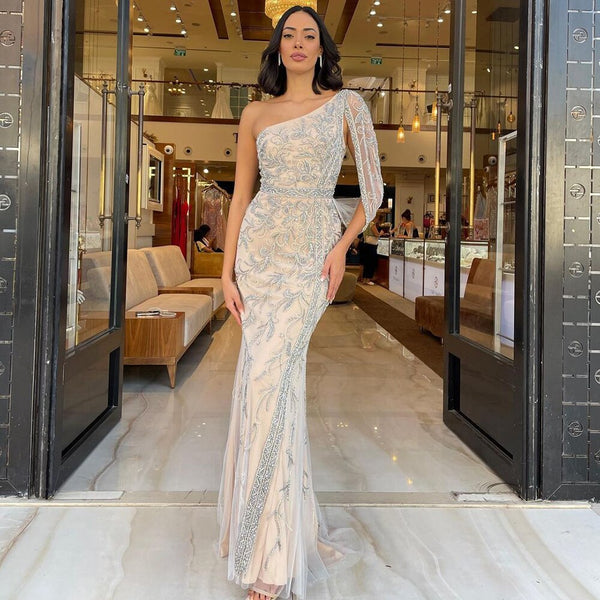 Serene Hill 2025 Grey Nude One-Shoulder Evening Dresses Gowns Luxury Beaded Mermaid Elegant For Women Party LA71886