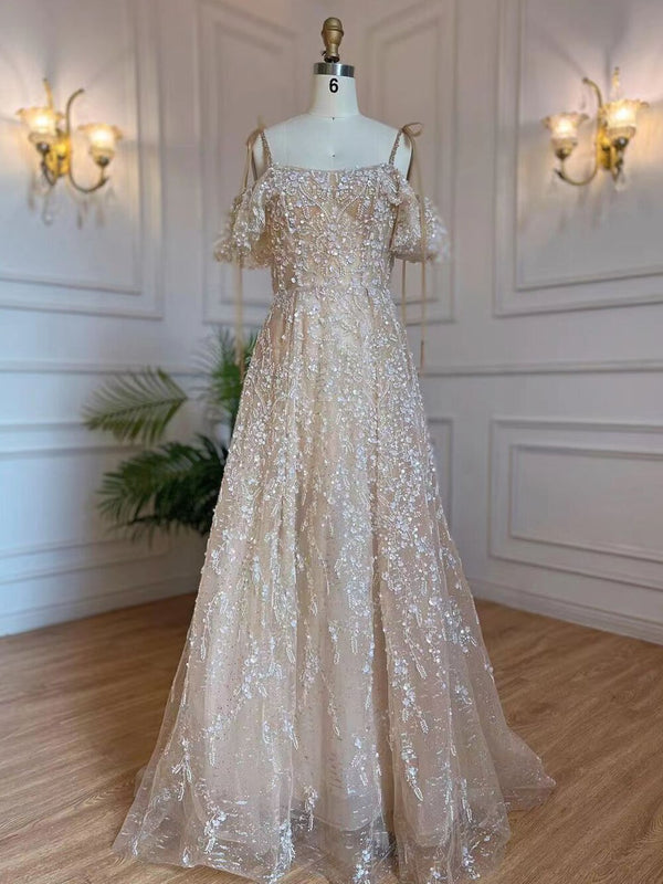 Serene Hill Arabic A-Line Nude Sexy Spaghetti Straps Lace Up Beaded Dubai Evening Dresses Gowns 2025 For Women Party LA71871