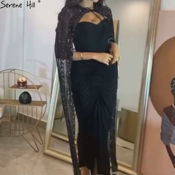 Serene Hill Arabia Black Cape Sleeves Evening Dresses Gowns 2025 Beaded Ankle-Length For Women Party LA71246
