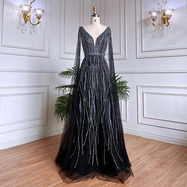 Serene Hill Arabic Black A Line Cape Sleeves V Neck Beaded Long Evening Dresses Gowns For Women Wedding Party 2025 LA71960