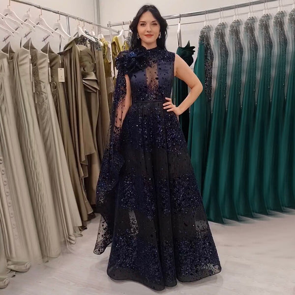 Serene Hill Arabic Black A Line Sexy Lace Cape Sleeves Beaded Luxury Evening Dresses Gowns For Women Wedding Party 2025 LA71951