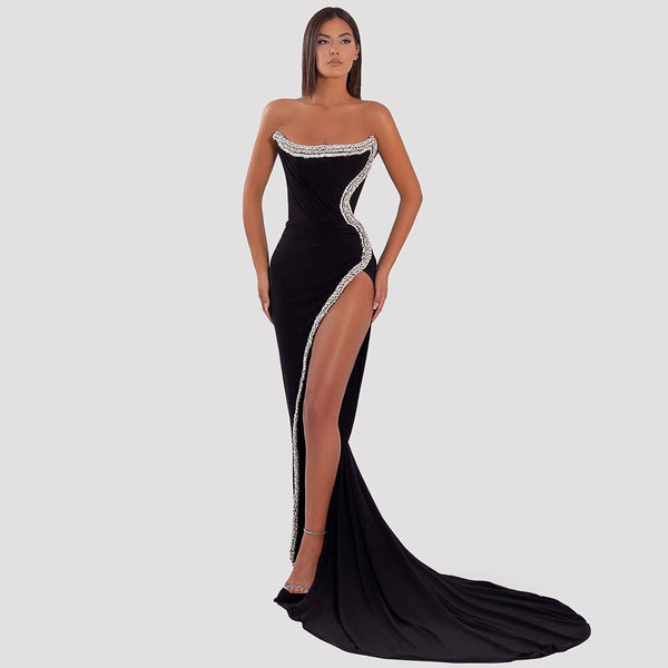 Serene Hill Arabic Black Mermaid Sexy High Split Off The Shoulder Beads Evening Dresses Gowns 2025 For Woman Party LA72016