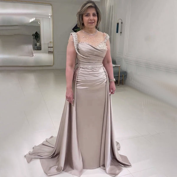 Serene Hill  Arabic Nude Mermaid Elegant Satin With Overskirt Evening Dresses Gowns Luxury Beaded 2025 For Women Party LA71725