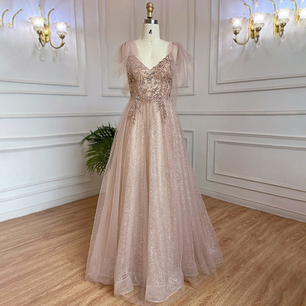Serene Hill Arabic Pink A-Line Sexy V Neck Beaded Luxury Dubai Long Prom Dress 2025 Gowns For Women Party LA71904
