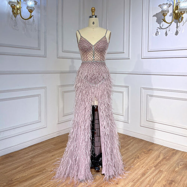 Serene Hill Arabic Pink Mermaid Split Feathers Beaded Formal Sexy Prom Dress For Women Wedding Party 2025 LA71827