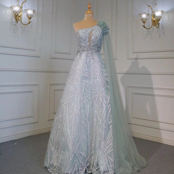 Serene Hill Arabic Turquoise A-Line Sexy One Shoulder Evening Dresses Gowns Cape Sleeves Luxury Beaded 2025 Women Party LA71741