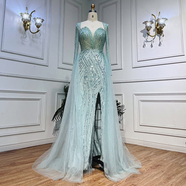 On Sale  no return no refundSerene Hill Arabic Turquoise V Neck Mermaid Beaded Sexy Open Split Evening Dresses Gowns 2025 For Women Wedding Party LA72006