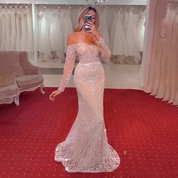 Serene Hill Arabic White Nude Mermaid Elegant Sexy Off The Shoulder Evening Dresses Gowns Luxury Sequined 2025 Party LA71892