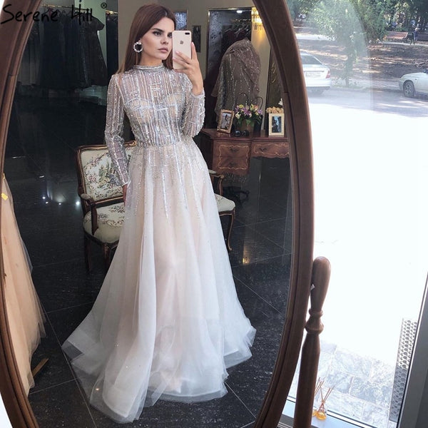 Serene Hill Beading Muslim Long Sleeeves High Co Silver Luxury Evening Dresses Gowns 2025 A-Line Crystal For Women Party LA70514