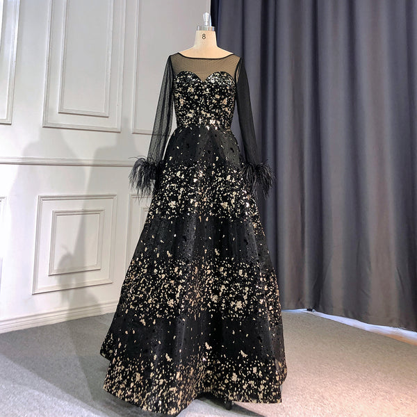 On Sale  no return no refund Serene Hill Black A-Line Sexy Evening Dresses Gowns 2025 O-Neck Long Sleeves Feather Luxury For Women Wedding Party LA71480L