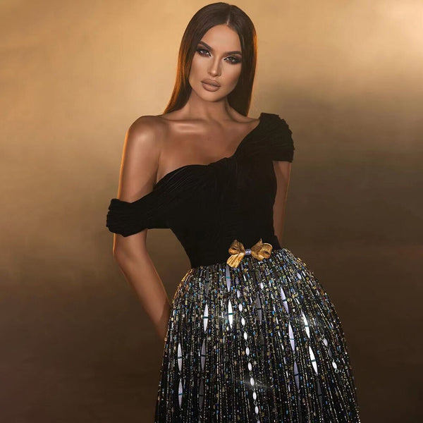 Serene Hill Black A Line Sexy One Shoulder Shiny Beaded Luxury Evening Dresses Gowns For Women Party 2025 LA71826